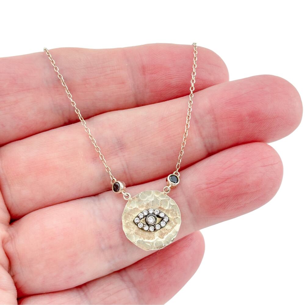 Sterling Silver 925 Evil Eye Hammered Disc Pendant CZ Station Necklace 16-17"